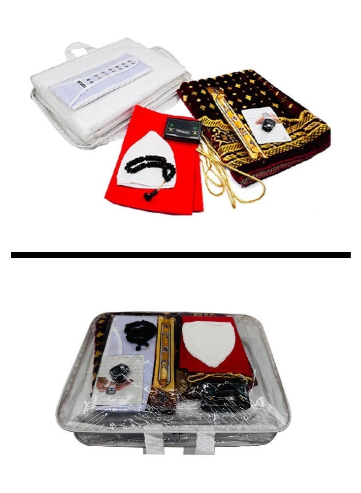 شركة مدثر علي لتجارة الجملة للبضائع ذ.م.م. طقم إحرام كامل للحج والعمرة - إحرام ١٣٠٠ غرام مع حزام، سجادة صلاة، قلنسوة، مسبحة، مسواك، منضدة، وصابون غير معطر | طقم إحرام للحجاج | مستلزمات الحجاج الرجالية - Image 1